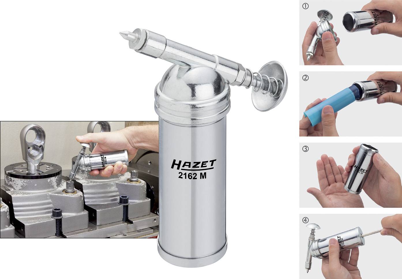 Pompe à huile manuelle Hazet 2162 M en action ; montre les étapes de remplissage et d'utilisation, y compris le bouchon et le remplissage avec de l'huile.