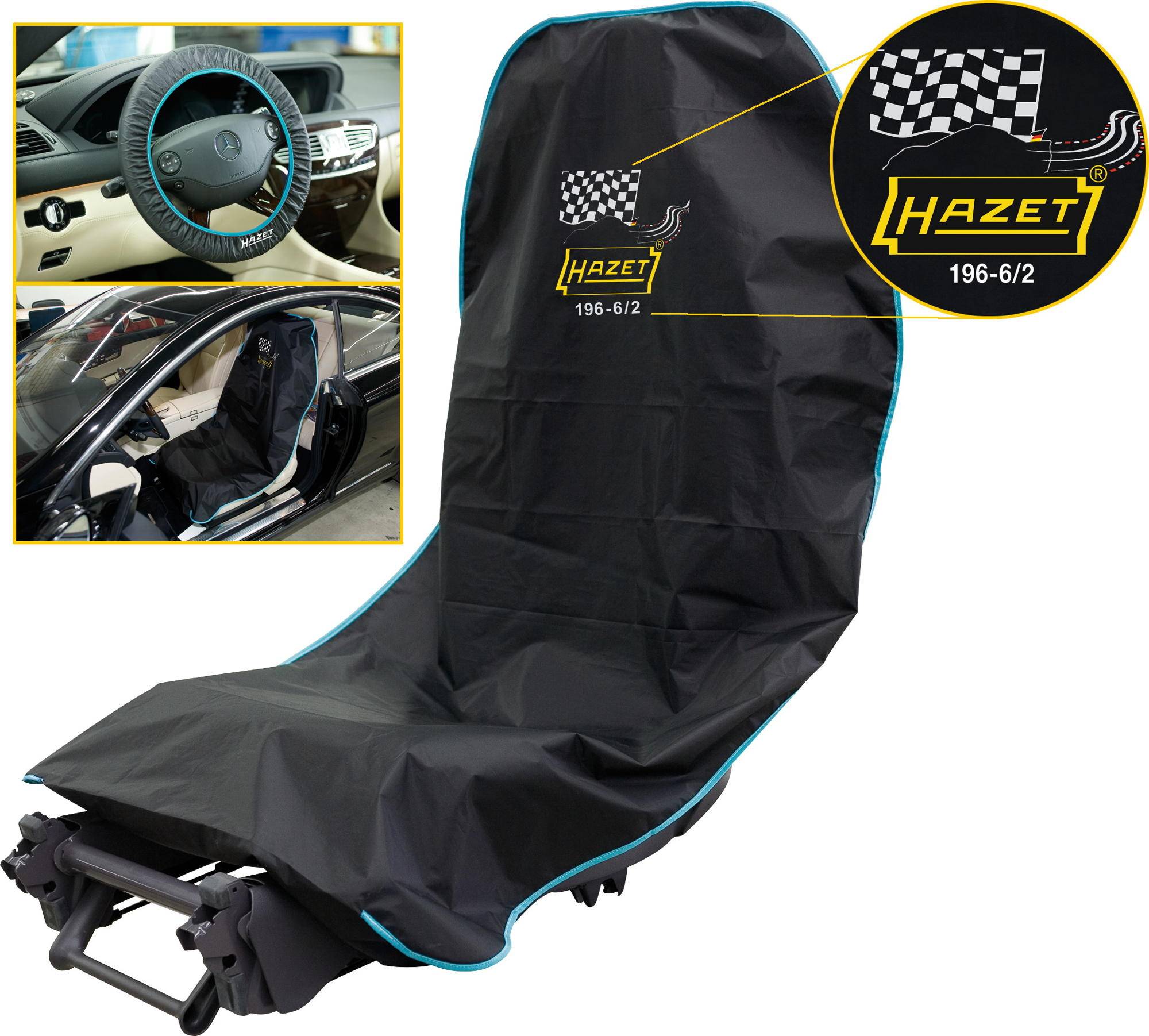 'Housse de siège noire avec bordure bleue et logo Hazet, adaptée à la protection des sièges de voiture. Gros plan d'une housse de volant en action.'
