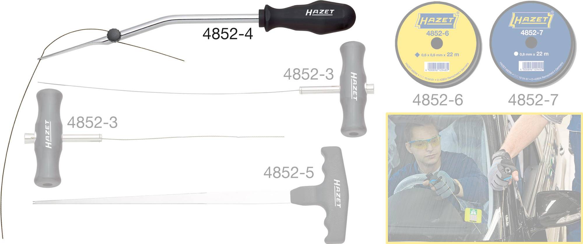 Ensemble d'outils de Hazet avec plusieurs poignées et bobines de fil pour la pose de vitrage. En bas à droite, représentation schématique de l'installation de vitrage.