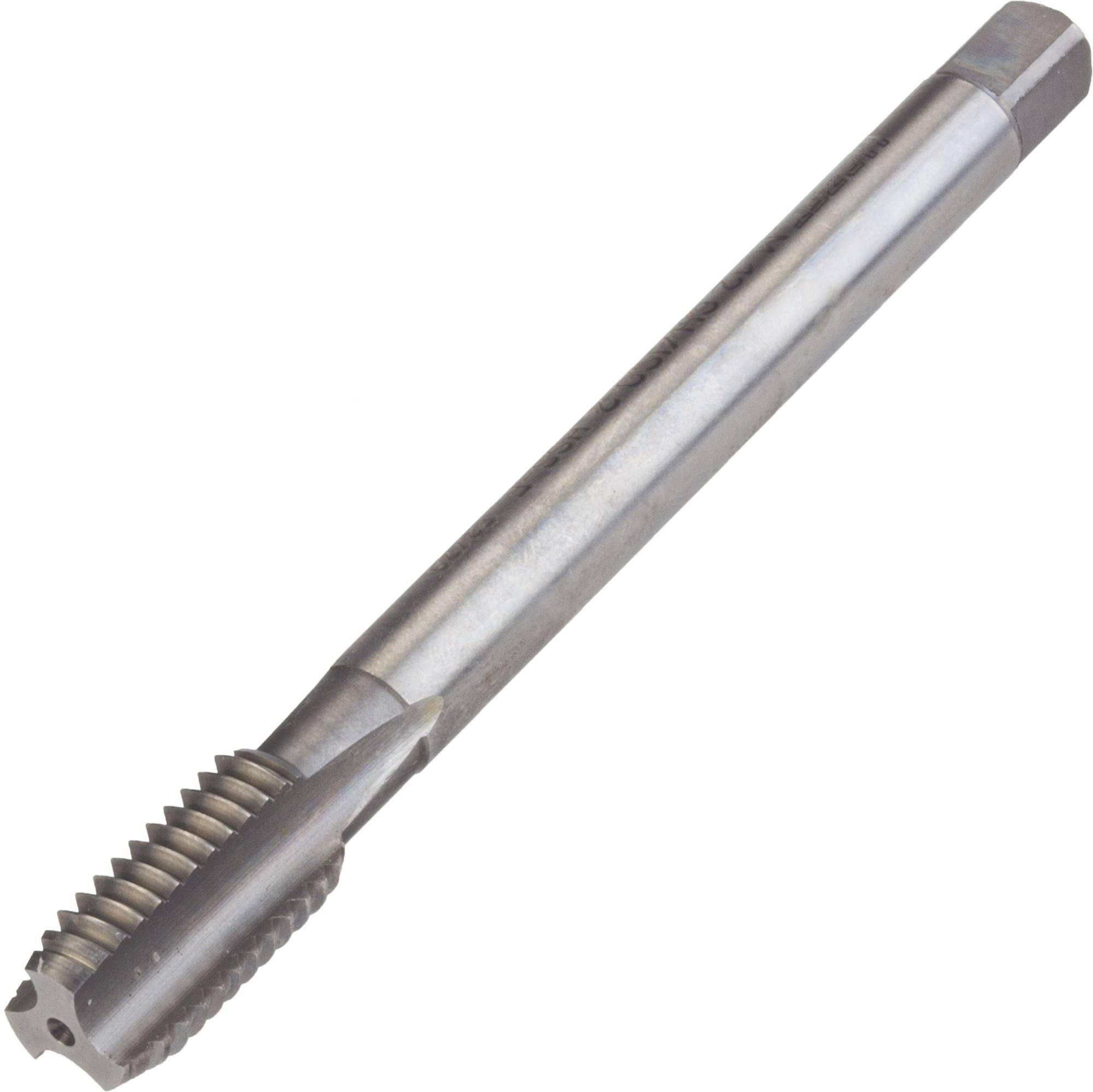 Un taraud en argent à tige droite et dents de coupe tranchantes, utilisé pour fileter les trous intérieurs dans divers matériaux.