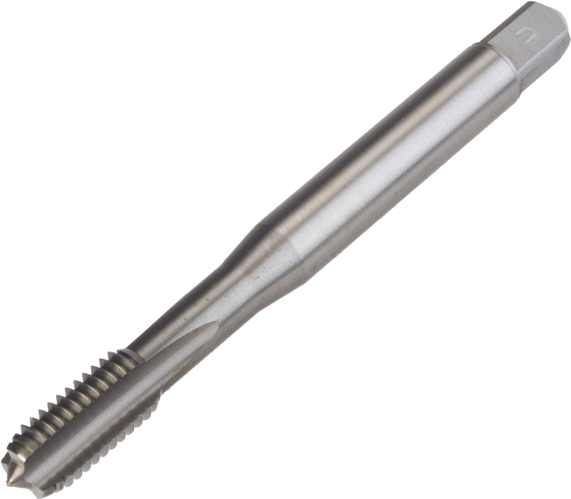 Taraud en métal à tige cylindrique et partie filetée, utilisé pour créer des filets intérieurs dans des pièces.
