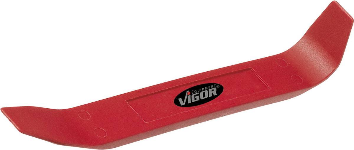 Outil en plastique rouge avec des extrémités en V, portant l'inscription 'VIGOR' au centre. Utilisé pour retirer les garnitures intérieures d'une voiture.
