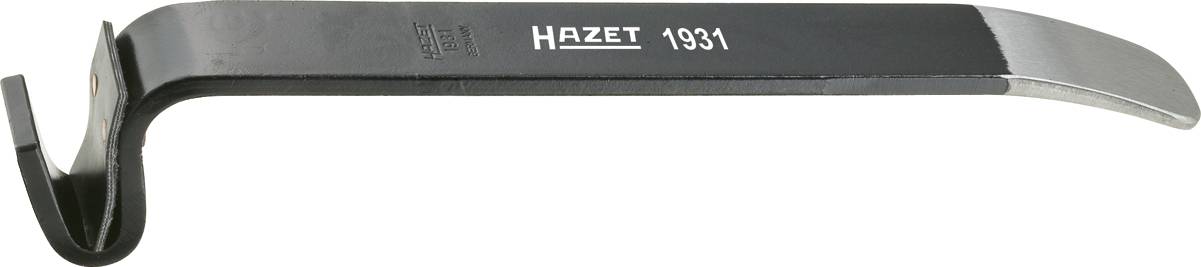 Une clé de montage noire portant l'inscription 'HAZET 1931'. Un crochet à gauche, une extrémité plate à droite. Outil utilisé pour le montage de pneus.