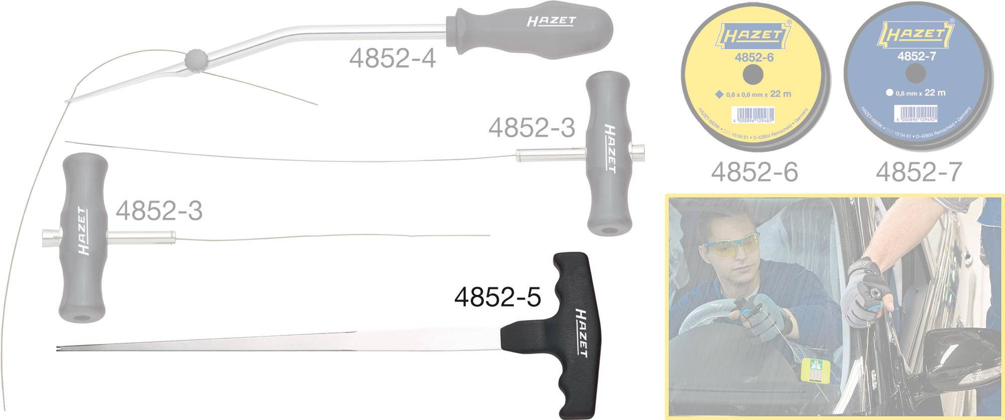 Divers outils de réparation de pare-brise automobile avec le logo HAZET. Une personne portant des lunettes de protection effectuant une réparation sur un véhicule.