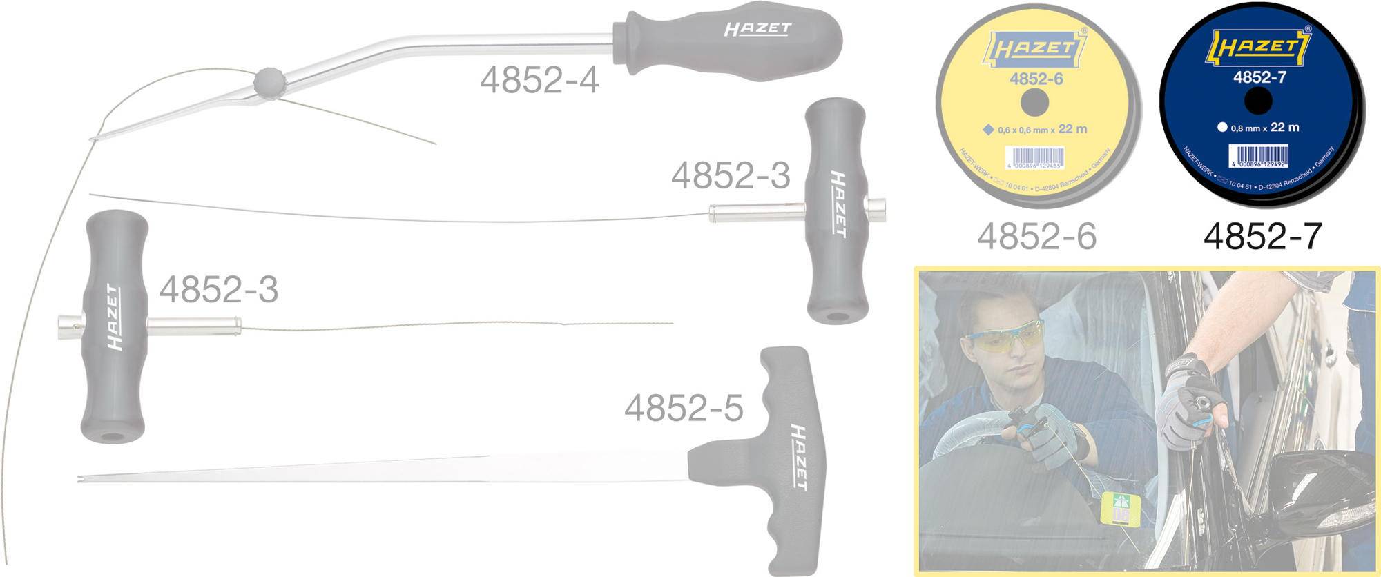 Ensemble d'outils Hazet pour la réparation des joints de fenêtre, composé des modèles 4852-3, 4852-4, 4852-5 avec tuyau et 4852-6, 4852-7 avec rouleau de fil.
