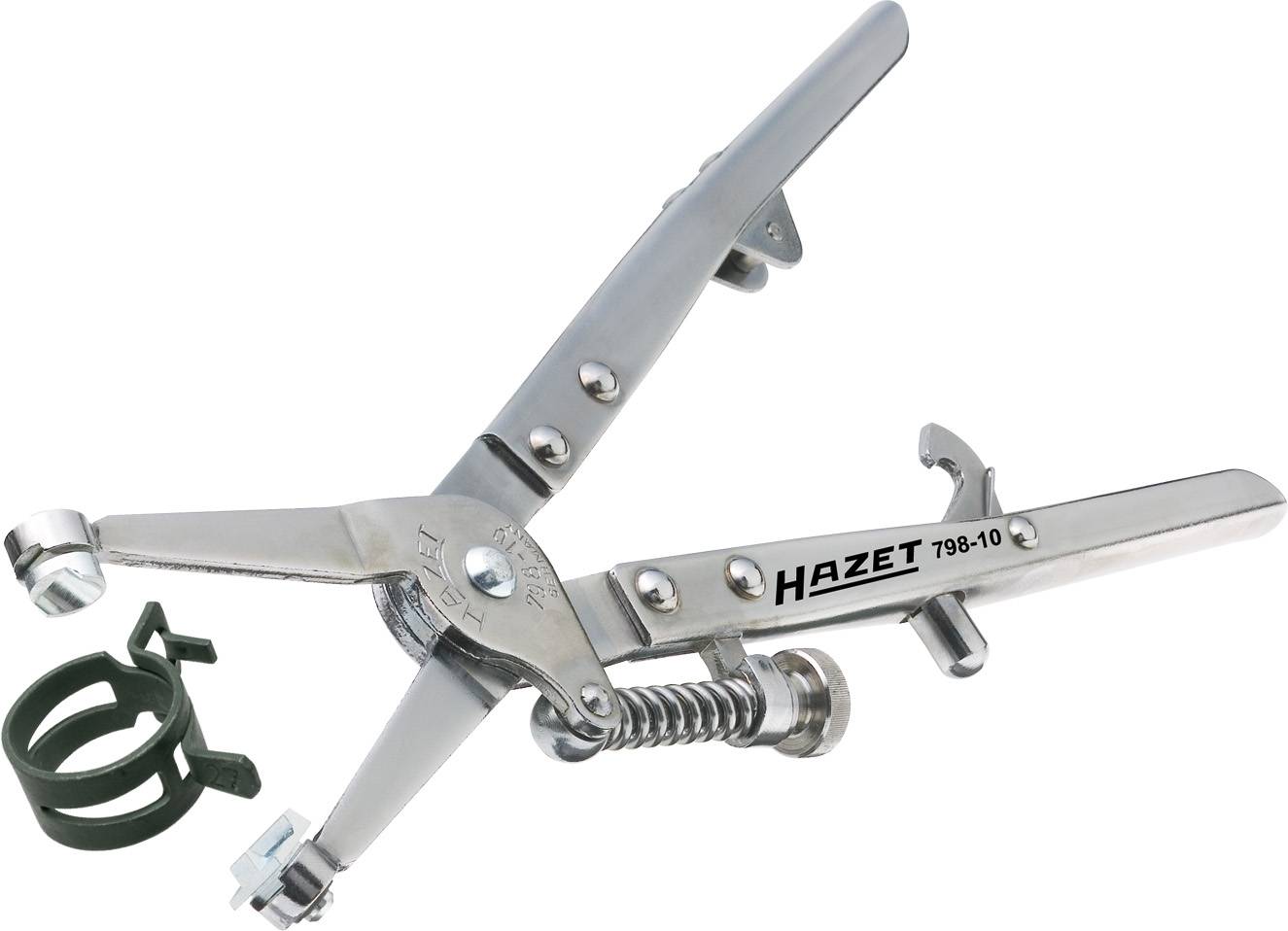 Sur l'image est représentée une pince à colliers de serrage métallique de la marque Hazet. À côté à gauche se trouve un collier de serrage vert.
