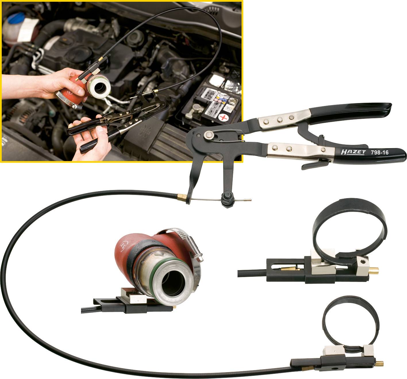 Illustration d'un outil automobile spécialisé avec un câble flexible et des pinces. L'encart supérieur montre l'utilisation sur le moteur.
