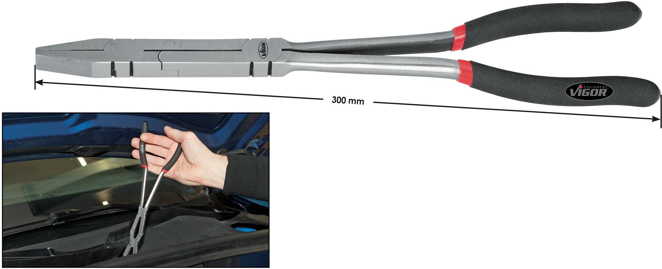Pince à long manche, longueur 300 mm, marque VIGOR. Une image supplémentaire montre une main utilisant la pince sous un capot de moteur.