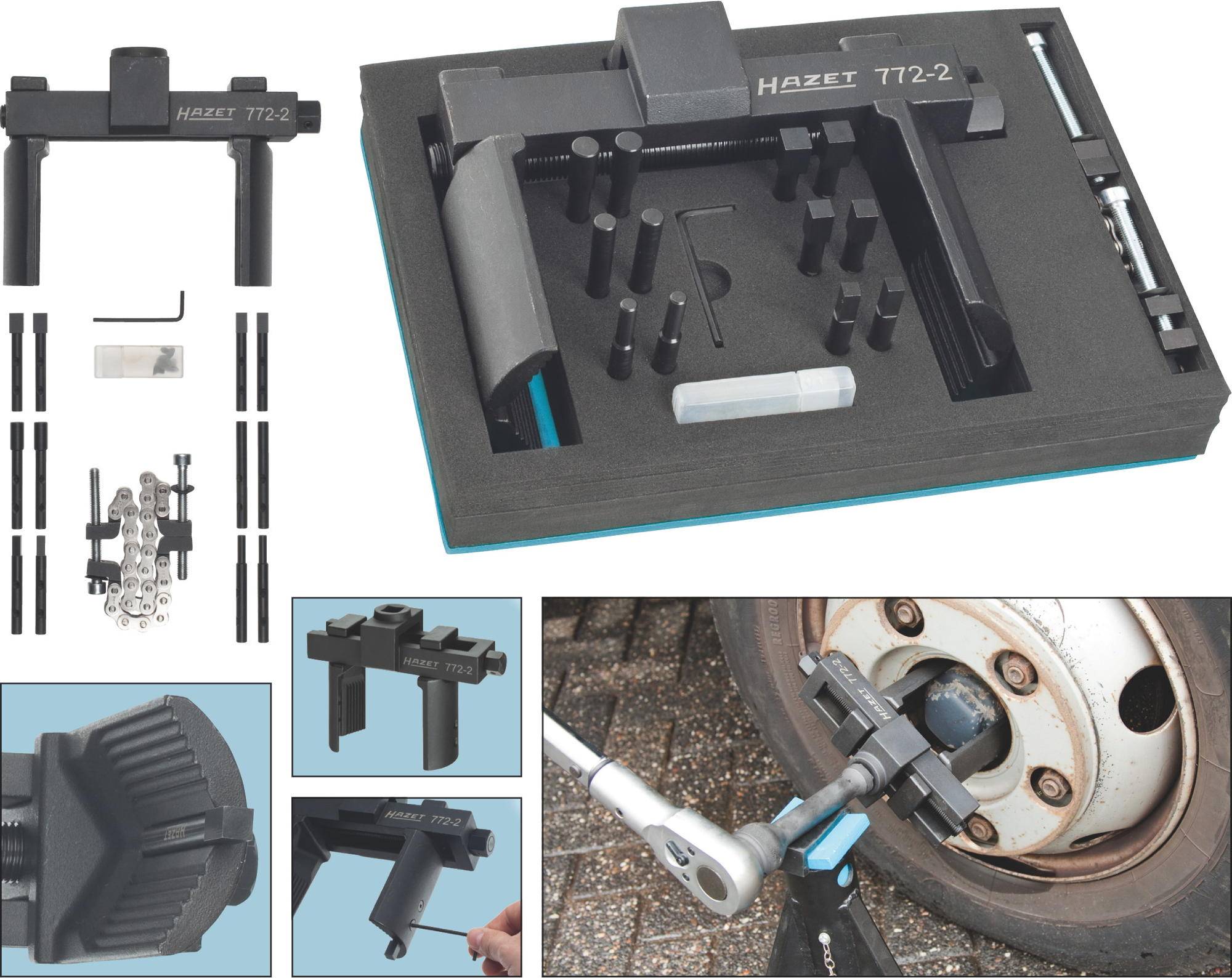 Ensemble d'outils pour le centrage des pneus. Comprend divers adaptateurs et supports pour un montage précis sur le moyeu d'une roue de voiture.