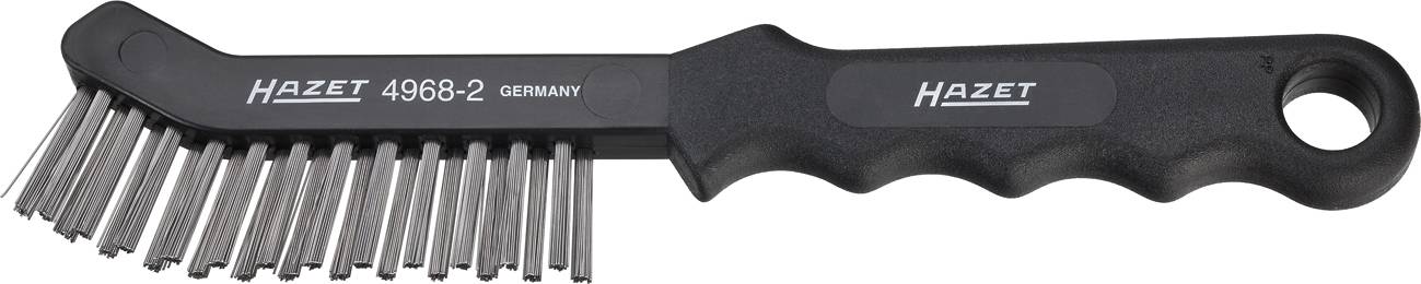 Brosse de nettoyage noire avec poils métalliques et poignée ergonomique, portant l'inscription 'Hazet 4968-2 Germany'. Adaptée pour l'élimination de la rouille.