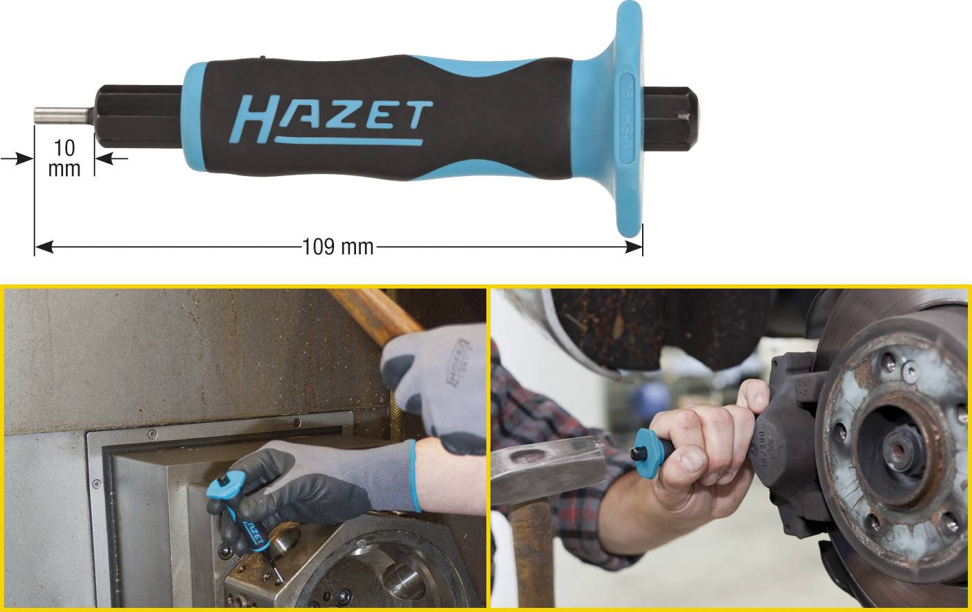 Un outil Hazet, long de 109 mm et de 10 mm de diamètre. En dessous : Deux images montrent l'outil en cours d'utilisation sur une machine.