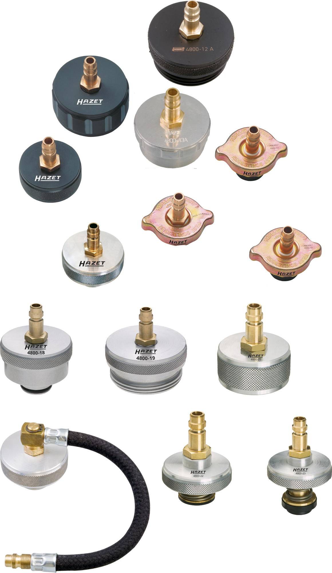 Différents adaptateurs et bouchons pour l'entretien des véhicules, de différentes tailles et formes, principalement en métal et en plastique.
