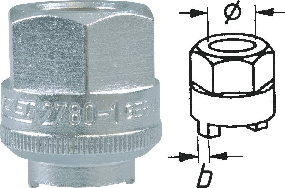 Outil métallique à côté d'un dessin technique. L'outil a une forme hexagonale avec la gravure '2780-1 GED'. Le dessin montre les dimensions Ø et b.