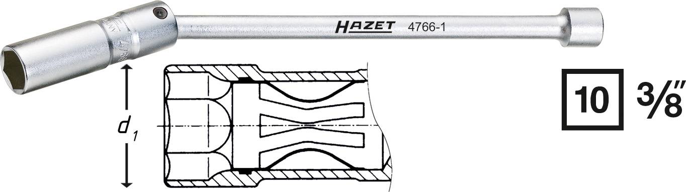 La clé à douille présente la spécification technique 'HAZET 4766-1'. À gauche un dessin technique, à droite '10 3/8'.