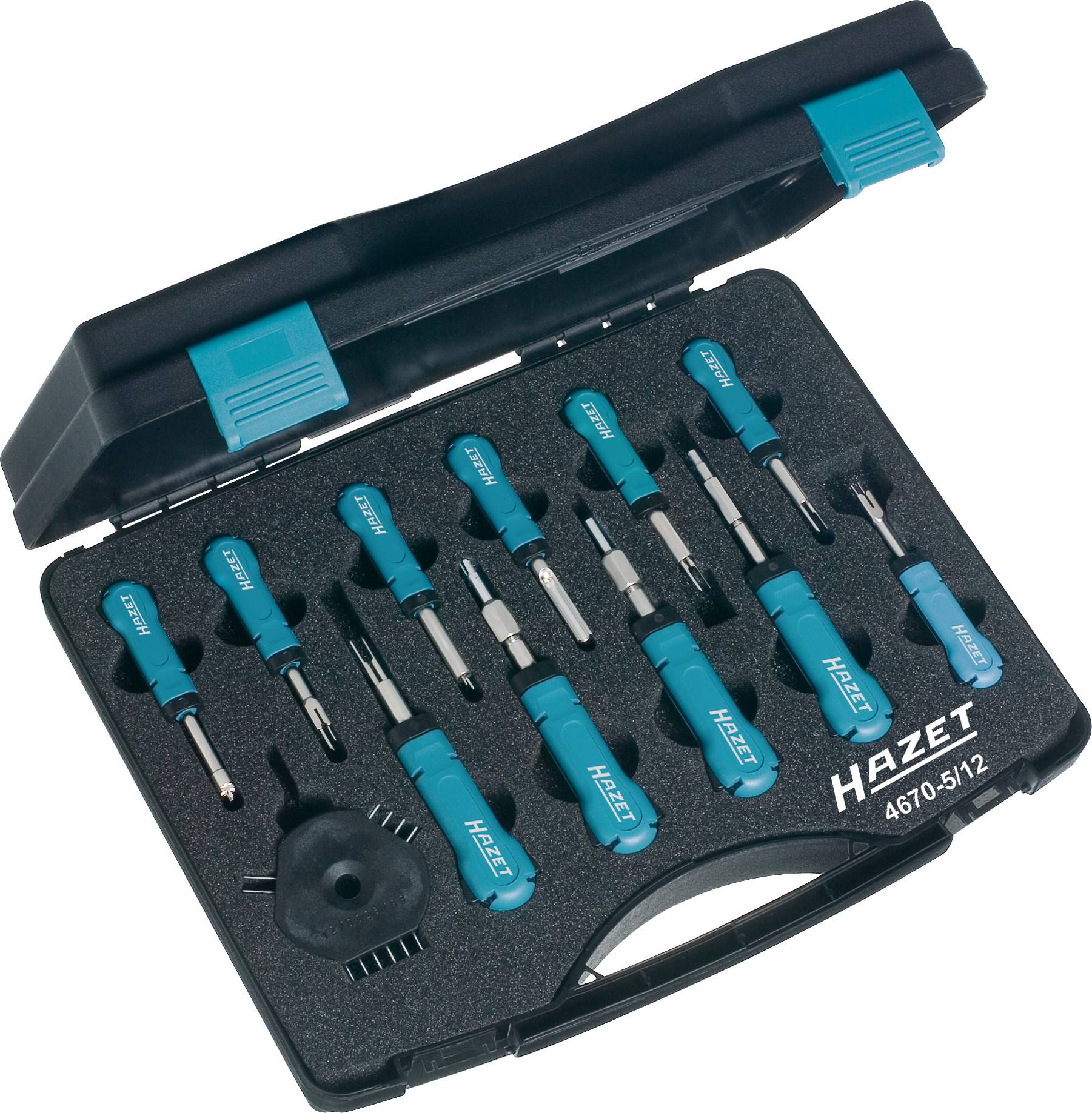 Boîte à outils contenant des tournevis et des embouts bleus de différentes tailles, soigneusement rangés dans de la mousse, de la marque 