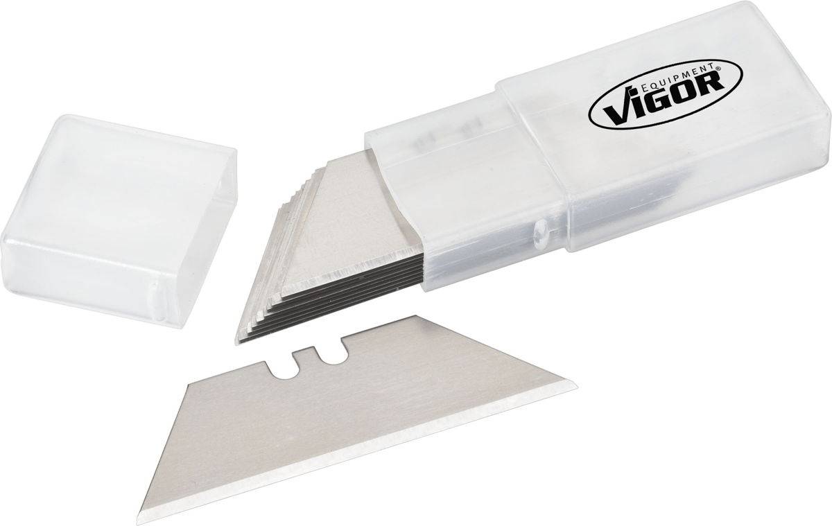 Plusieurs lames de rechange en métal sont rangées dans un boîtier en plastique transparent portant l'inscription 'Vigor'. Une lame est posée à l'extérieur.