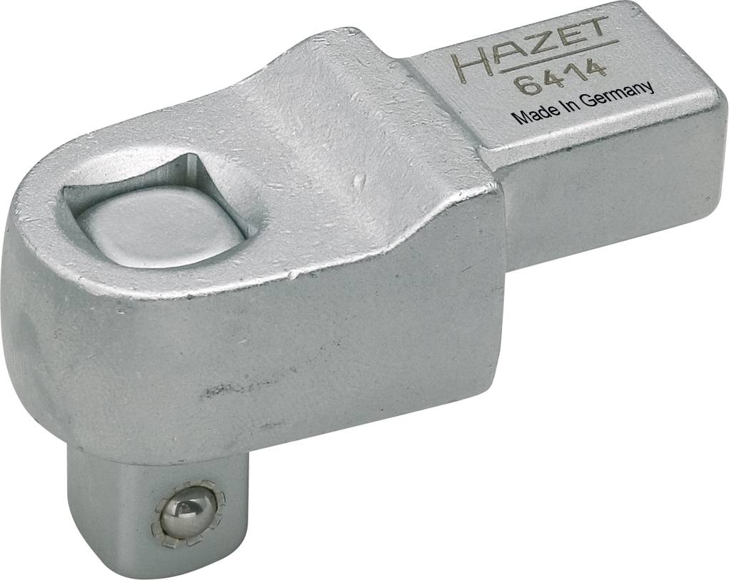 Adaptateur métallique portant l'inscription 'Hazet 6414 Made in Germany', utilisé pour raccorder des outils, par exemple sur des cliquet.