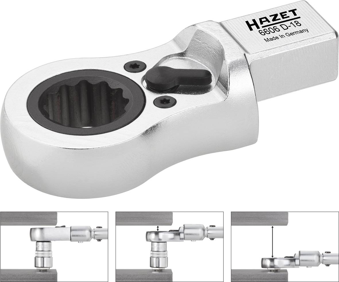 Un adaptateur articulé à cliquet en argent de Hazet avec un levier latéral pour la direction, présenté en trois vues en action.