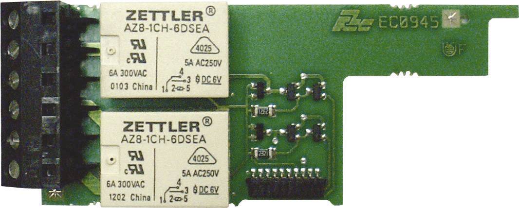 Deux relais Zettler sur une carte de circuit imprimé verte. En haut est inscrit 'ECC0945'. Convient pour 5A, 250V courant alternatif. Fabriqué en Chine.