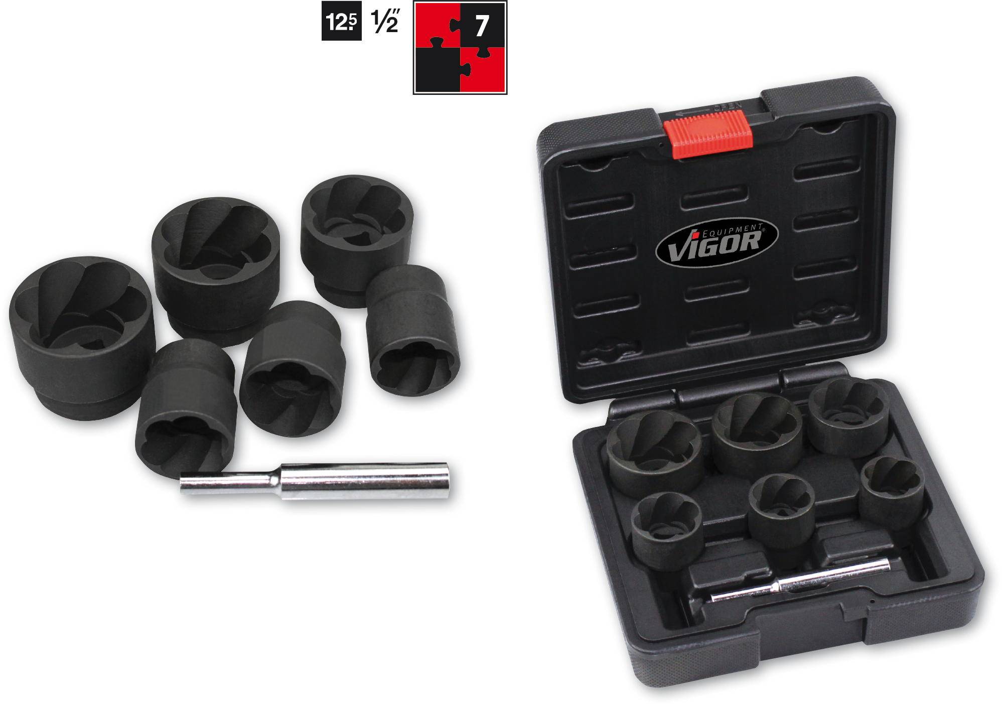 Set d'embouts à rainures hélicoïdales 7 pièces Vigor V3741 Propulseur: 1/2" (12.5 mm) 1 set