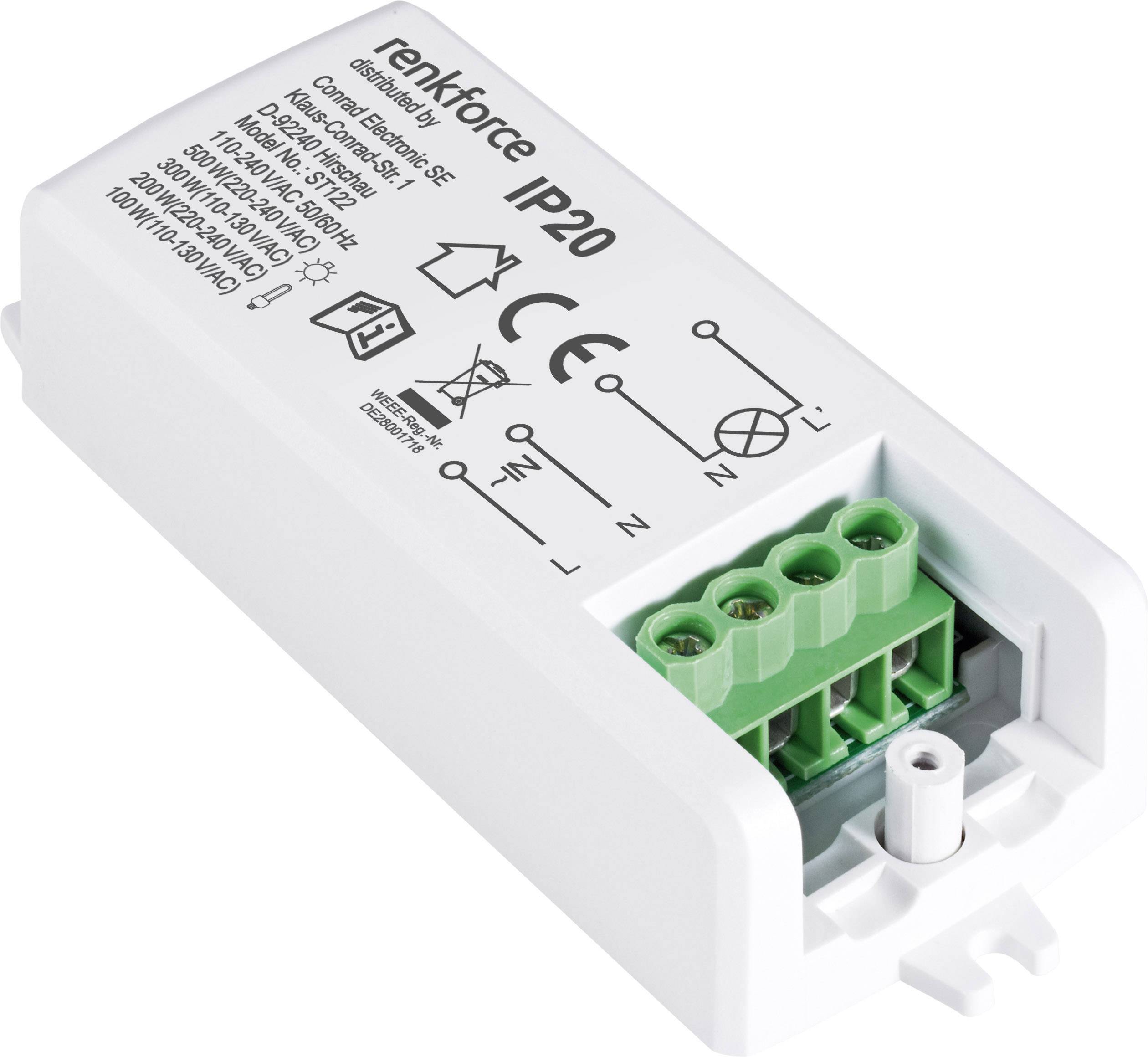 Bloc d'alimentation blanc IP20 avec bornier vert, spécifications et symboles pour l'électricité domestique ou de bureau.