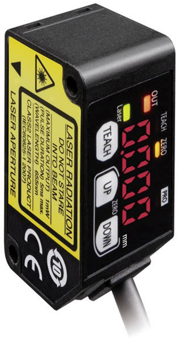 Un capteur de distance laser numérique avec un affichage en millimètres et des touches de commande pour mesurer la distance. Des avertissements importants sont imprimés.