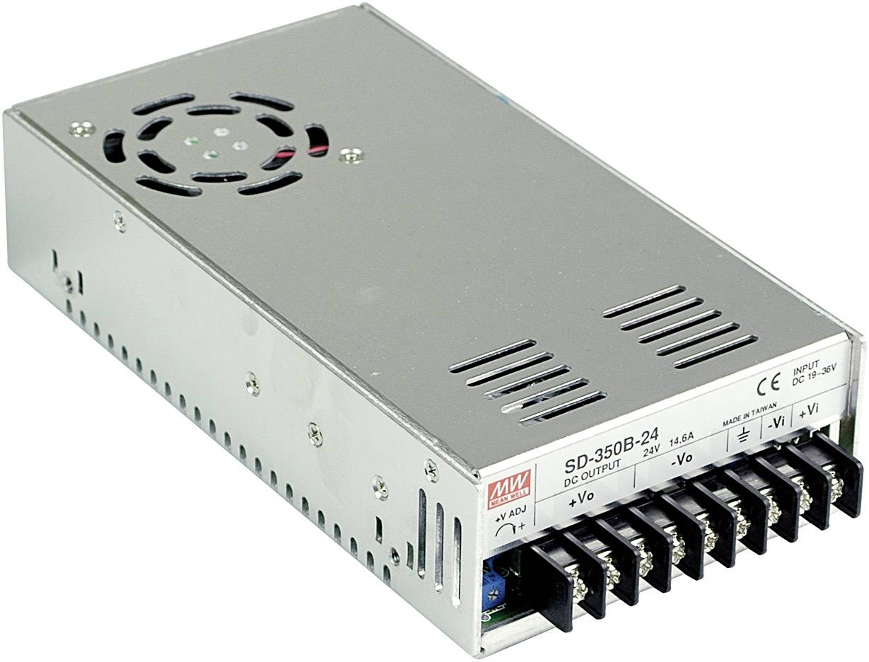 Unité d'alimentation en courant continu avec des fentes de ventilation et l'étiquette 'SD-350B-24'. Multiples connexions sur un côté.