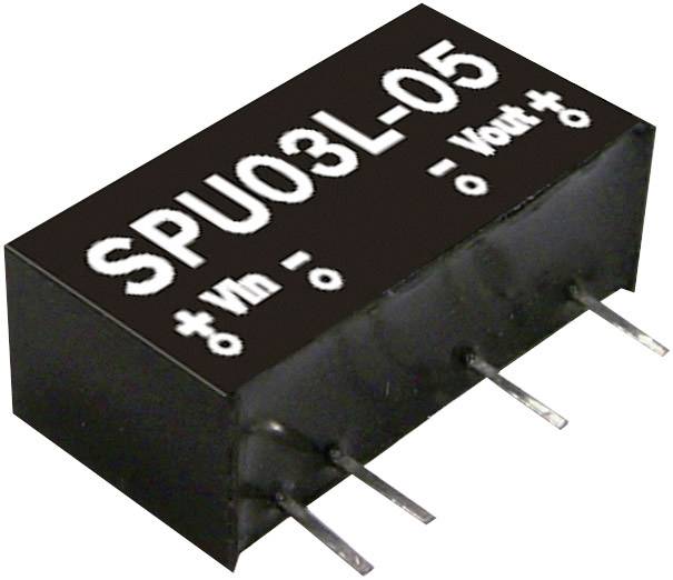 'SPU03L-05'-Wandler mit Anschlussstiften für Eingang 'Vin' und Ausgang 'Vout'. Schwarzes, rechteckiges Gehäuse. Elektronikkomponente.