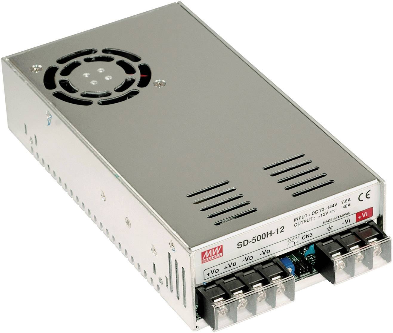 Bloc d'alimentation métallique avec ventilateur, modèle 'SD-500H-12', pour appareils électriques. Comprend des points de connexion pour les câbles positif et négatif.