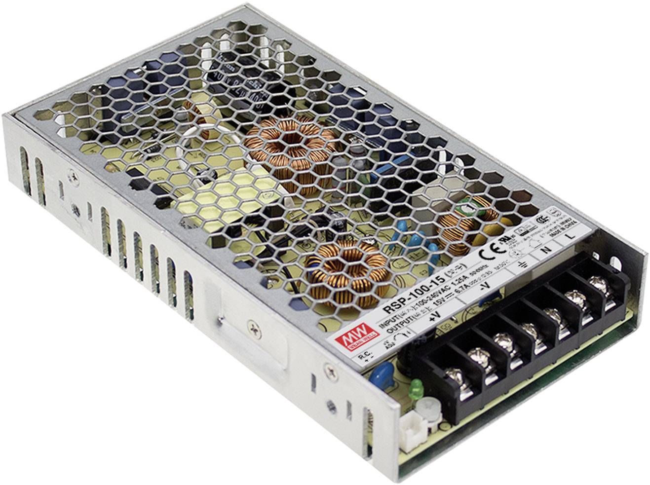 Unité d'alimentation électrique avec boîtier métallique et grille de ventilation, adaptée aux applications industrielles.