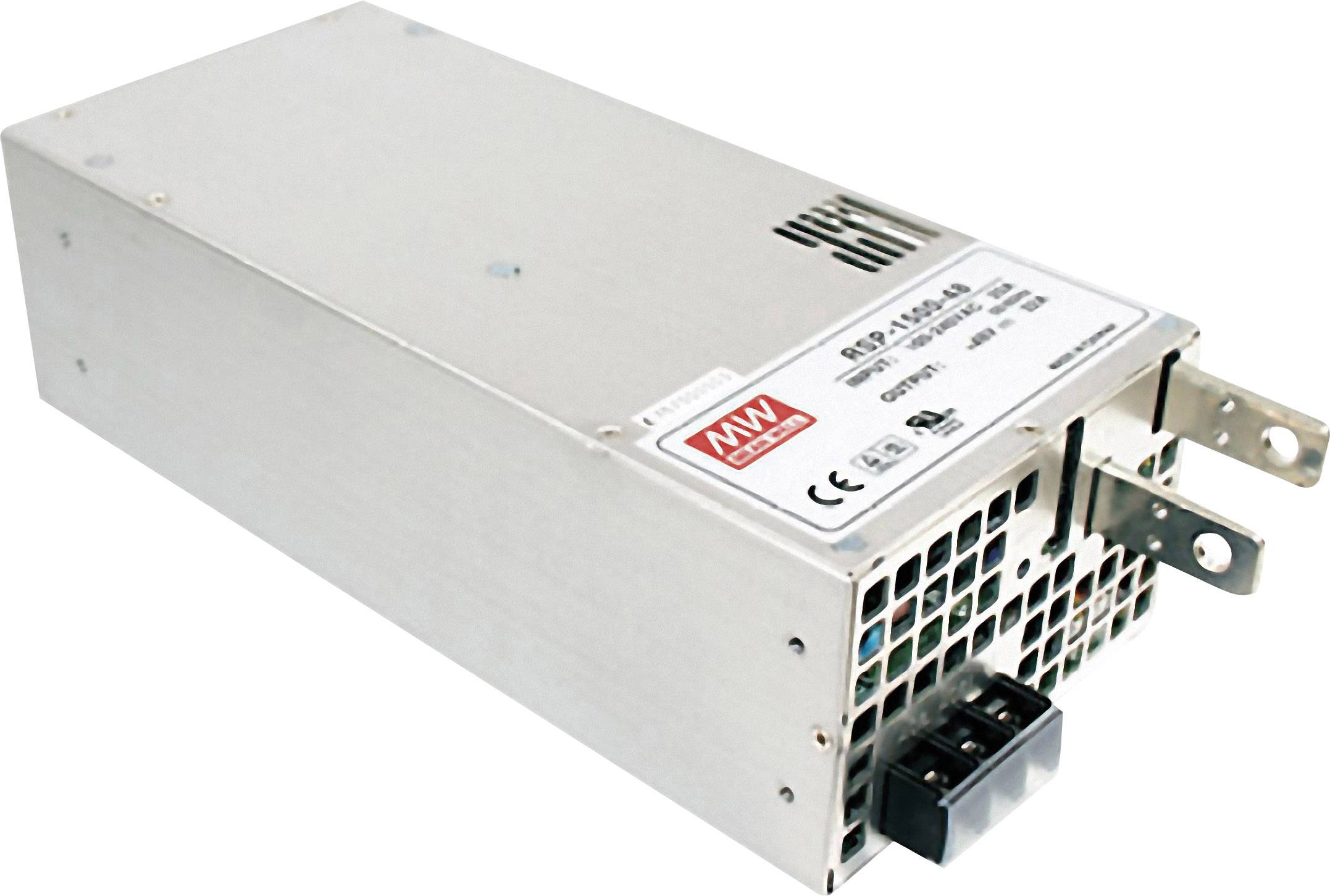 Bloc d'alimentation métallique, forme rectangulaire avec grille de ventilation et connexion de câbles, adapté aux applications industrielles.