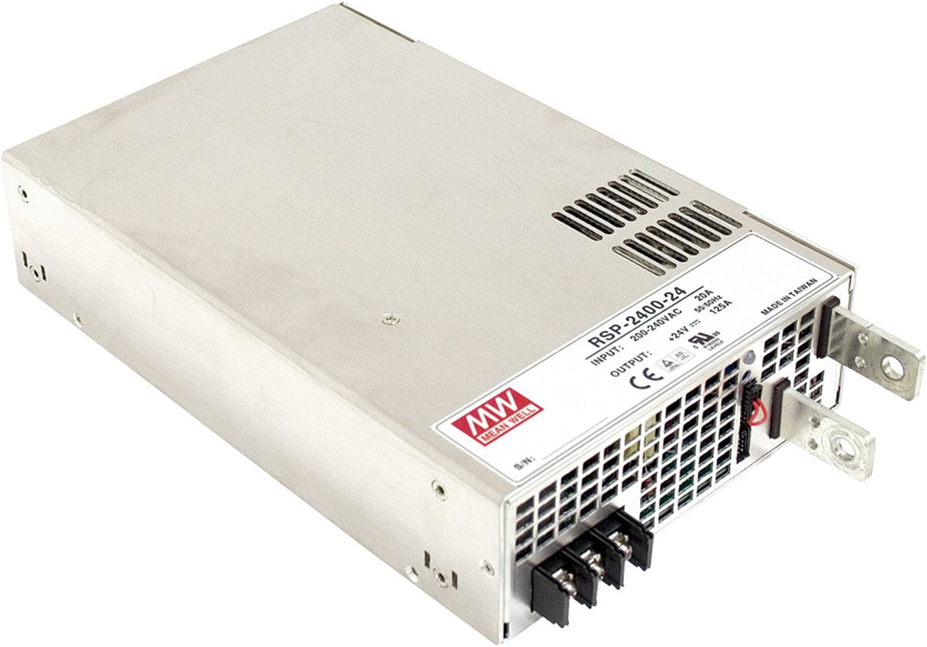 Un bloc d'alimentation rectangulaire de MW Power, de couleur argentée avec des grilles de ventilation et des connexions sur le devant, modèle RSP-2400-24.