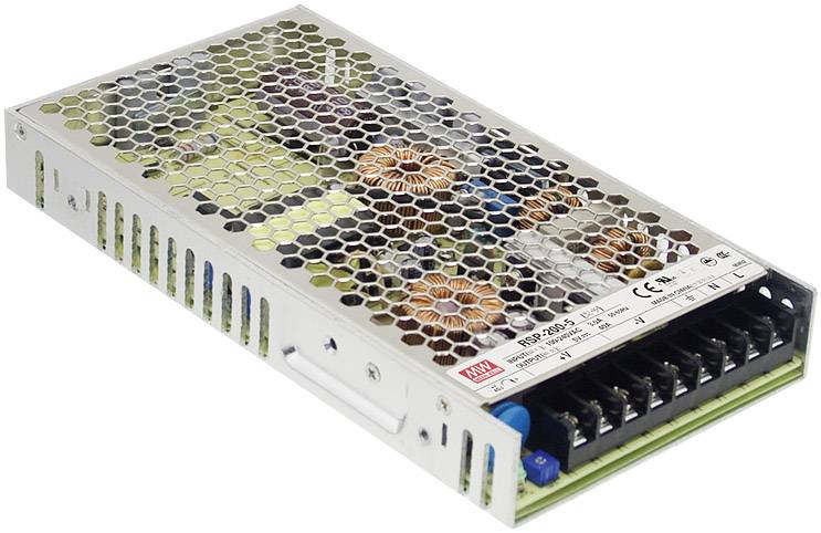 Bloc d'alimentation dans un boîtier métallique avec des trous de ventilation, adapté pour l'alimentation électrique d'appareils électroniques, modèle RSP-200.