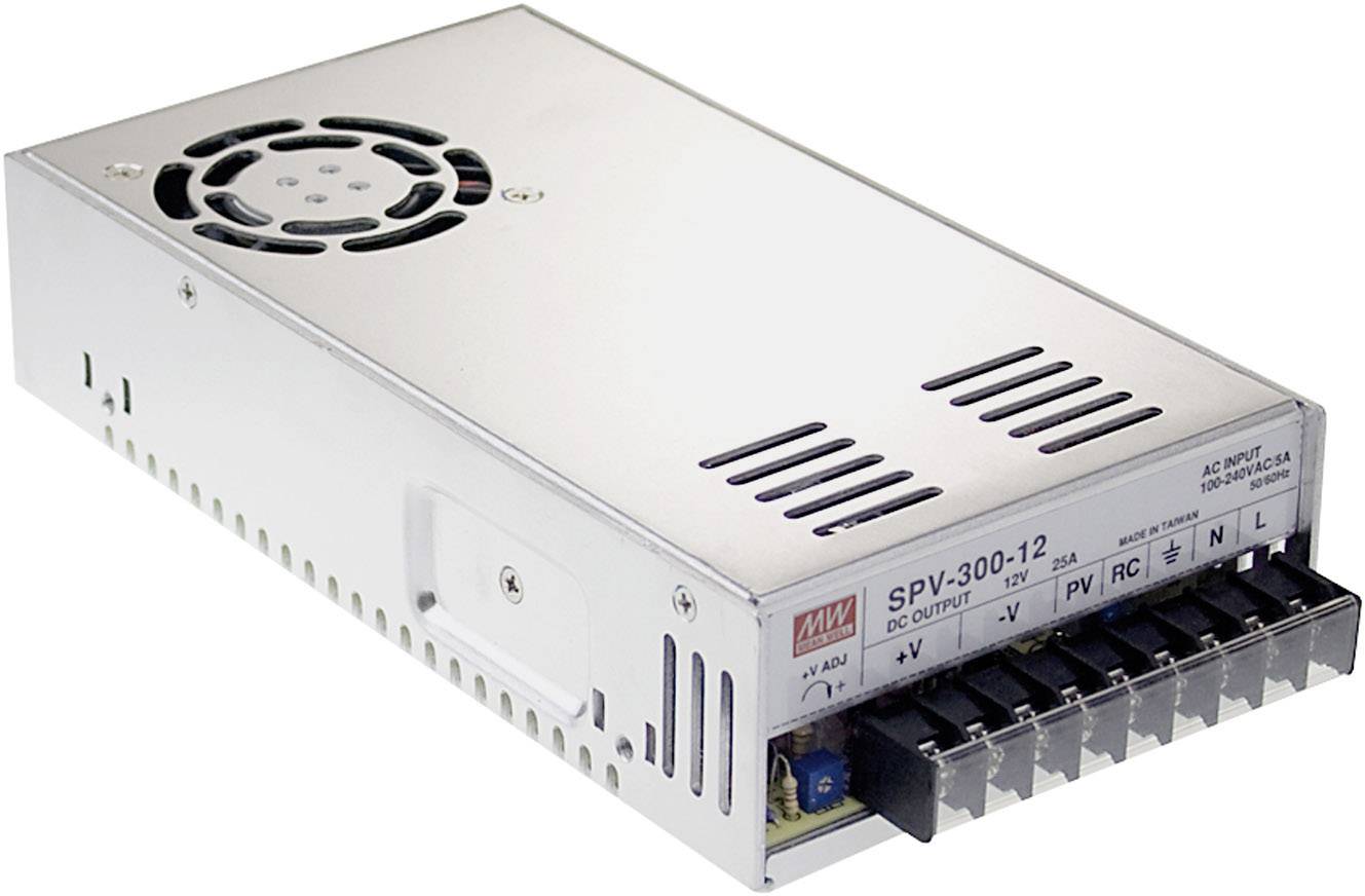 Unité d'alimentation électrique SPV-300-12, boîtier métallique avec ventilateur, bornes de connexion et étiquette avec spécifications sur le côté.