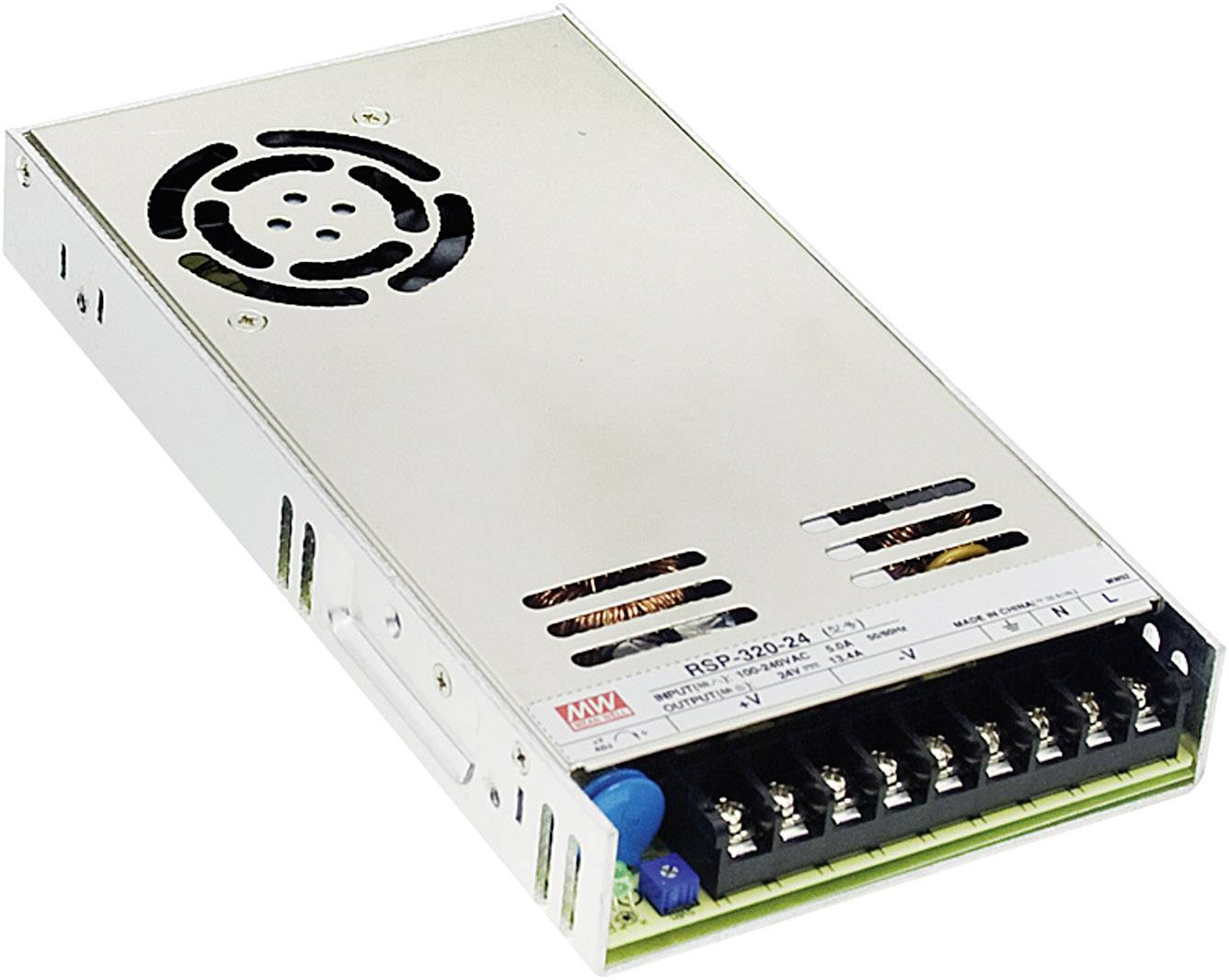 Un bloc d'alimentation argenté avec une grille de ventilateur sur le dessus, plusieurs bornes de connexion noires et l'inscription 'RSP-320-24'.