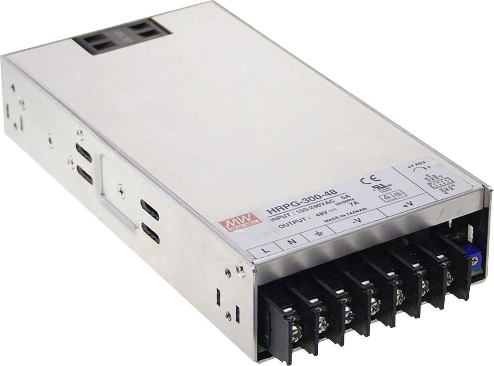 Module d'alimentation électrique métallique avec plusieurs connexions et une étiquette de spécifications techniques sur le dessus.