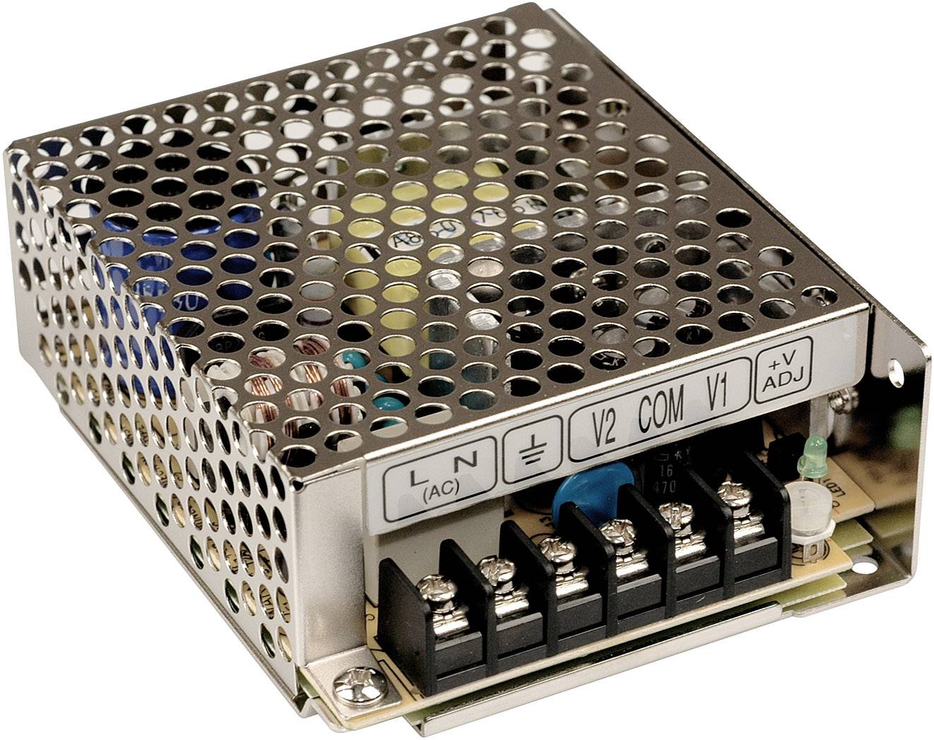 Boîtier métallique d'une alimentation à découpage avec des trous de ventilation. La face avant présente des bornes de connexion et des étiquettes pour les tensions et les réglages.