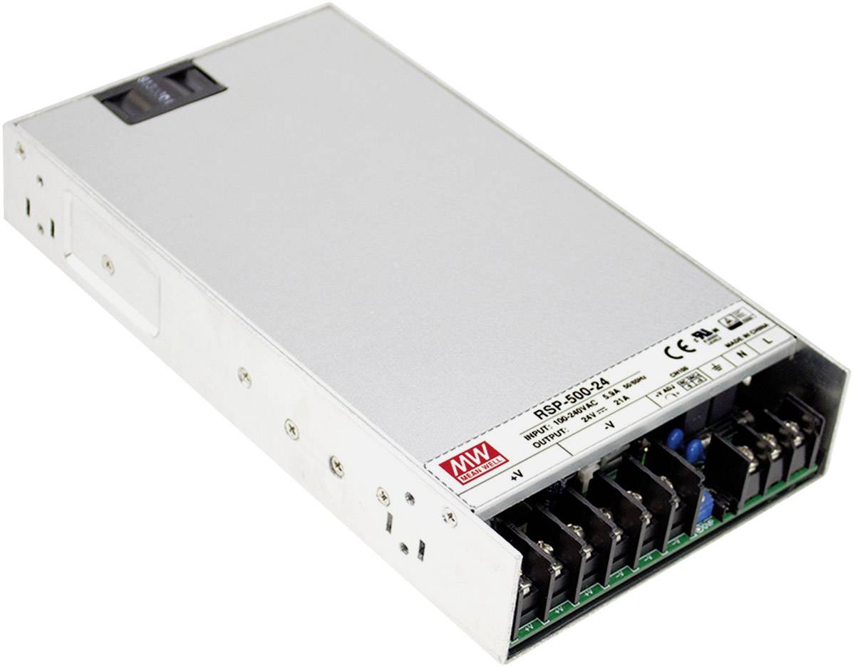 Un bloc d'alimentation à découpage argenté de la marque 'Mean Well', modèle RSP-500-24, doté de plusieurs connexions électriques.