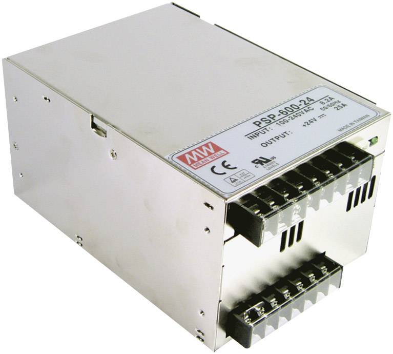 Un bloc d'alimentation argenté de la marque MW, modèle PSP-600-24, sortie 24V, avec des bornes d'entrée et de sortie sur le côté.