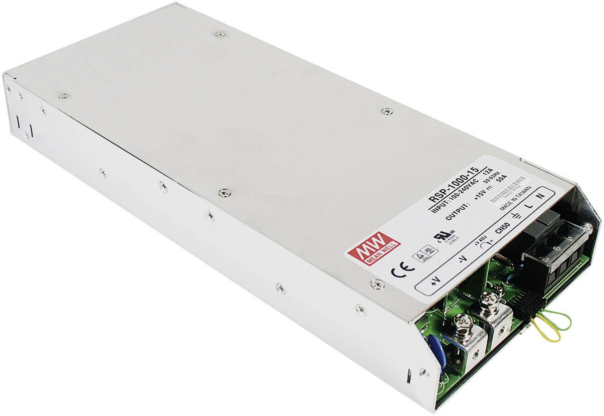 Un bloc d'alimentation rectangulaire argenté avec des connecteurs et une étiquette portant des spécifications techniques sur le dessus.