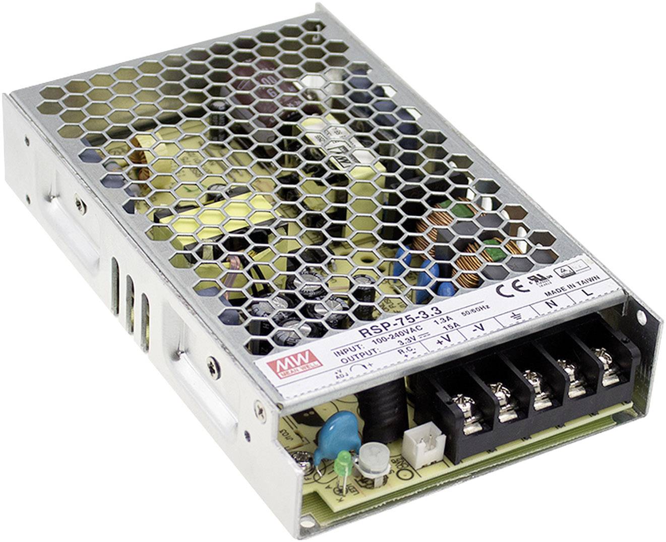 Boîtier métallique d'une alimentation électrique avec grille en nid d'abeilles et composants électriques visibles, étiquette de marque et bornes de connexion.