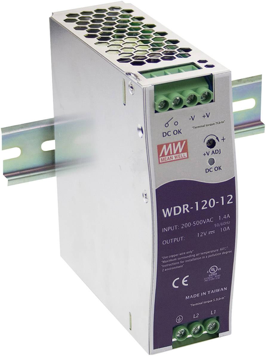 Alimentation électrique à découpage montée sur rail DIN. Modèle WDR-120-12 de MW. Valeur d'entrée : 200-500VAC, Sortie : 12VDC, 10A.