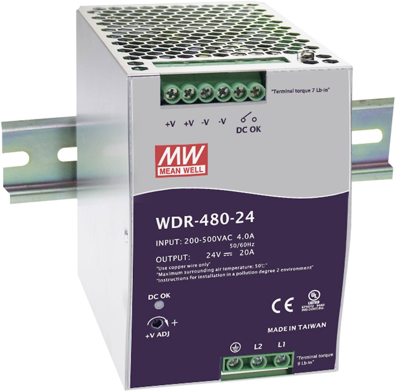 Bloc d'alimentation électronique MEAN WELL modèle 'WDR-480-24', présenté sur une plaque métallique de montage, entrée : 200-500VAC, sortie : 24V, 20A.