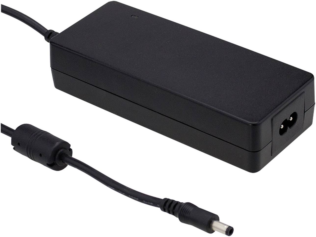 Un chargeur d'ordinateur portable noir avec un câble branché et une fiche secteur.