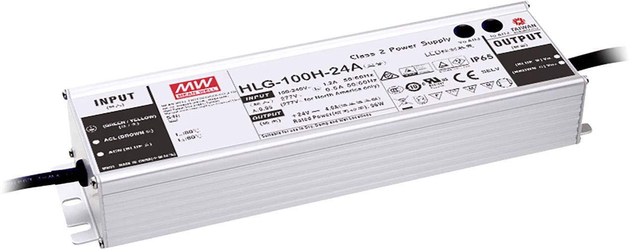 Un bloc d'alimentation LED argenté de la marque MW. Il a une puissance de 100 W et une tension de sortie de 24 V. Les câbles de connexion sont visibles.