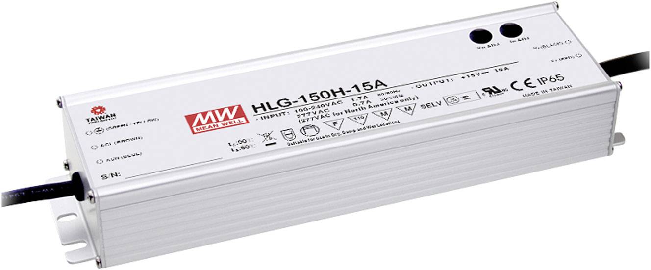 Pilote LED de la marque Mean Well, modèle HLG-150H-15A, niveau de protection IP65, conçu pour une utilisation dans des systèmes d'éclairage LED extérieurs.