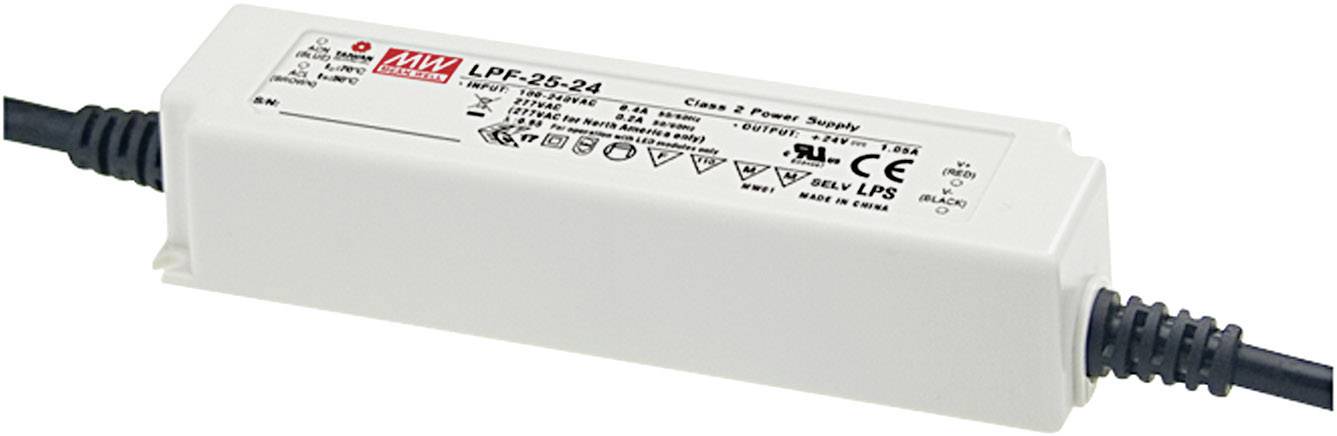 Un bloc d'alimentation rectangulaire portant l'inscription 'Mean Well LPF-25-24'. Il possède des connexions aux deux extrémités et divers symboles de sécurité et de certification.