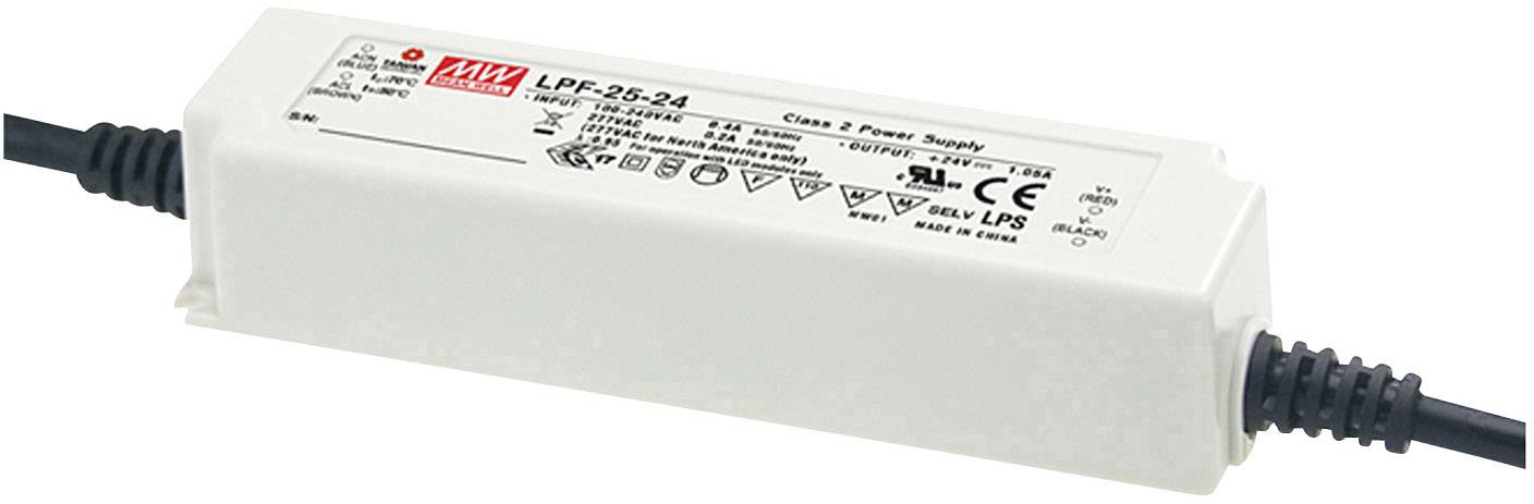 Un bloc d'alimentation rectangulaire blanc portant l'inscription 'LPF-35-24', avec divers symboles techniques et des câbles de connexion à chaque extrémité.