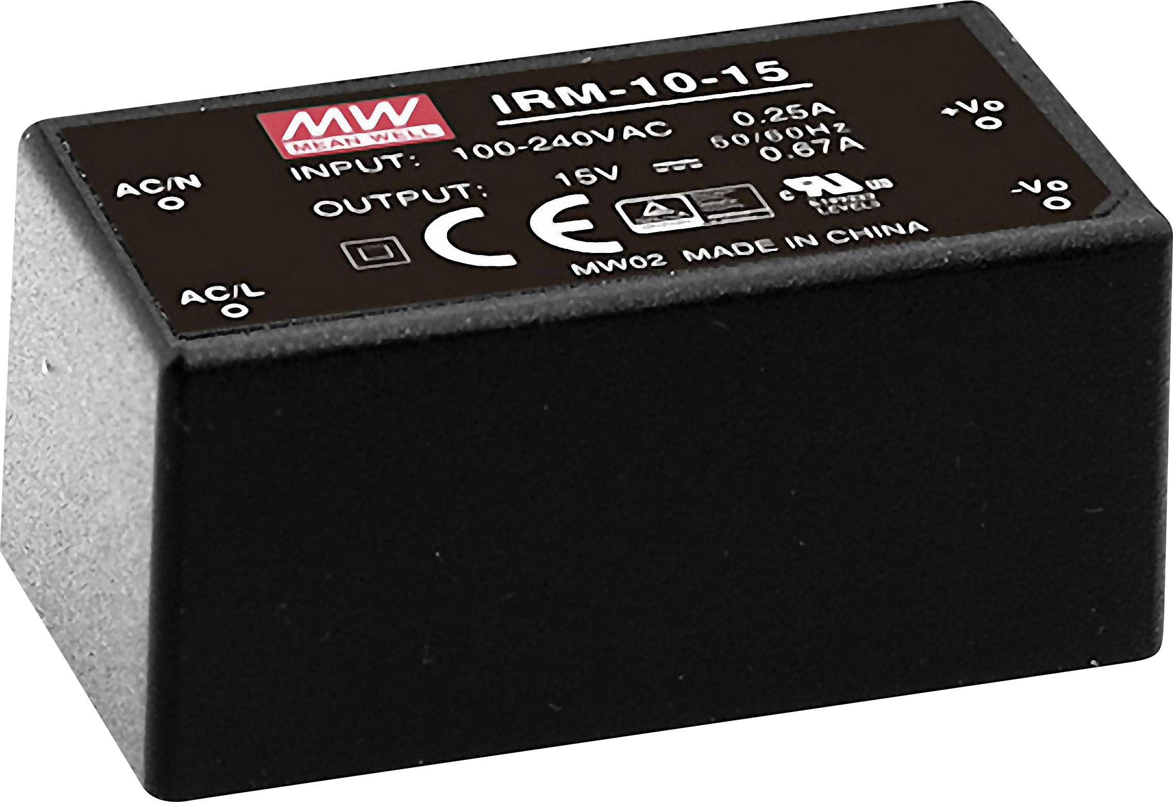 Bloc d'alimentation noir rectangulaire portant l'inscription 'IRM-10-15', entrée : 100-240V CA, sortie : 15V, marquage CE.