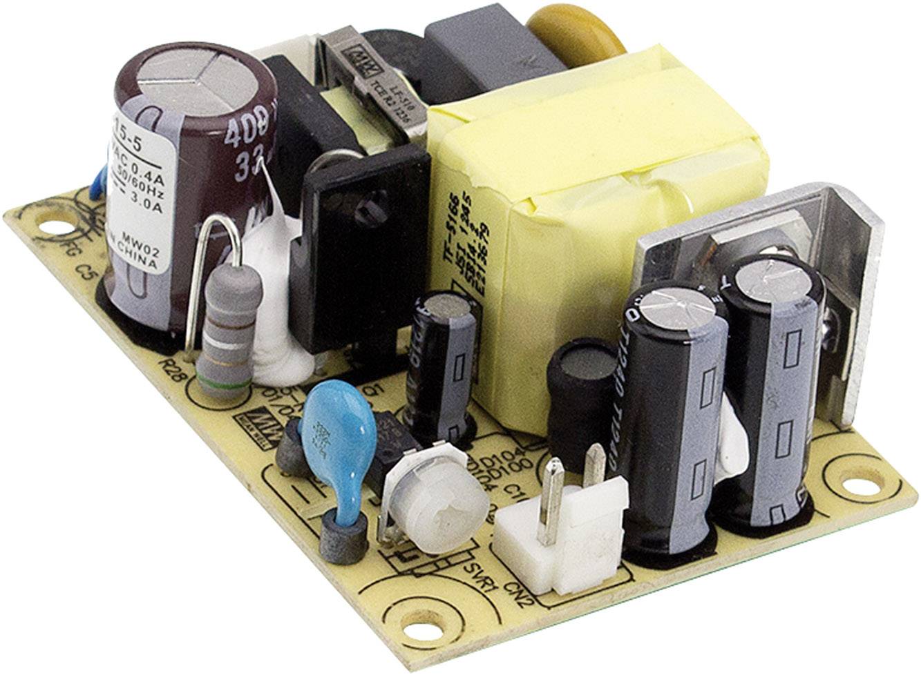 Une carte électronique avec différents composants tels que des condensateurs, des résistances et un transformateur, montée sur un substrat jaune.